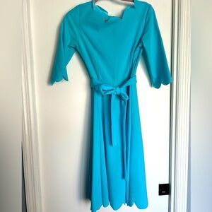 Shein tourquoise blue dress midi scallop size M quarter sleeve